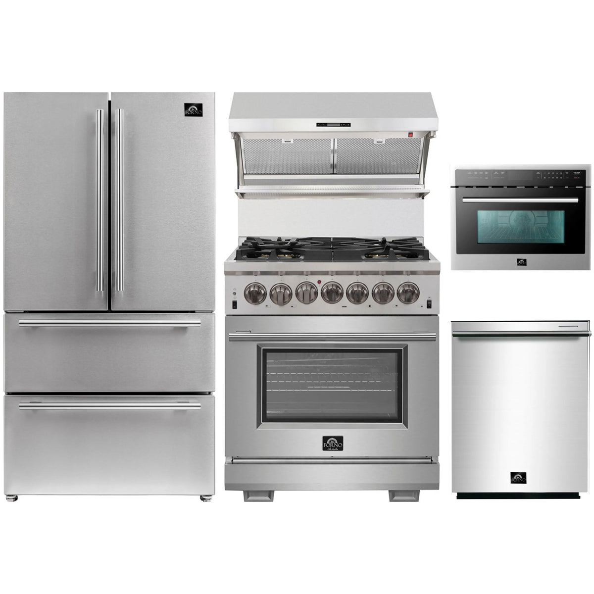 Forno 5-Piece Pro Appliance Package - 30-Inch Dual Fuel Range, Refrigerator, Wall Mount Hood with Backsplash, 24-Inch Microwave Oven, & 3-Rack Dishwasher in Stainless Steel