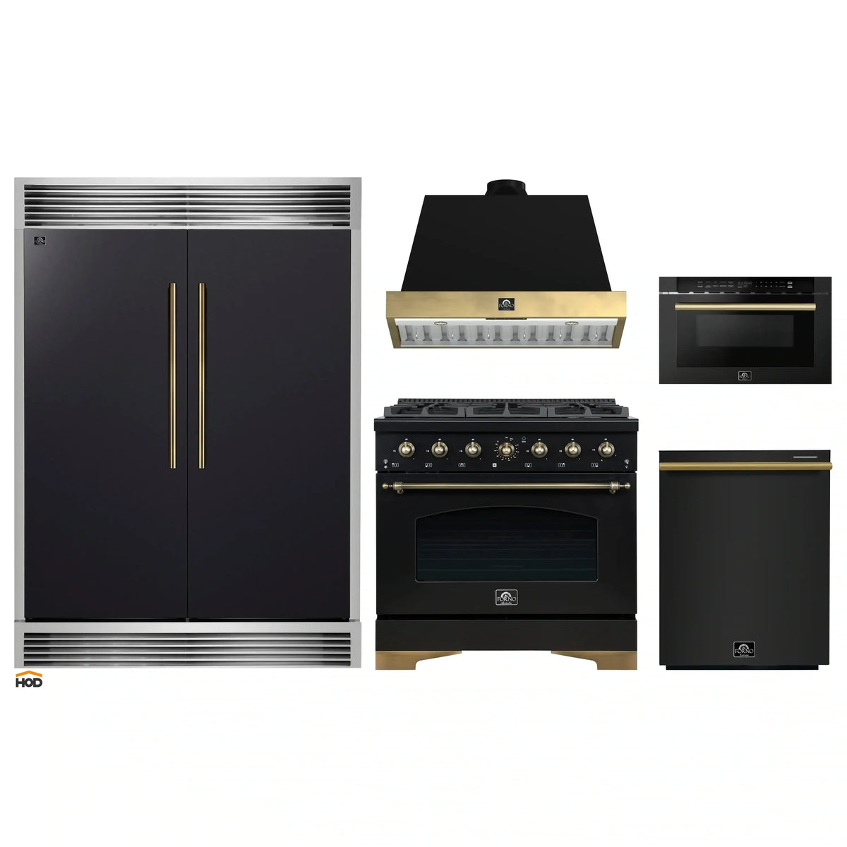 Forno 5-Piece Appliance Package - 36-Inch Gas Range, Wall Mount Range Hood, 60-Inch Convertible Refrigerator with Modern Grille Trim, Dishwasher, and 24-Inch Microwave Drawer in Black with Antique Brass Trim