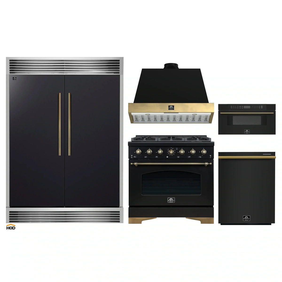 Forno 5-Piece Appliance Package - 36-Inch Gas Range, Wall Mount Range Hood, 60-Inch Convertible Refrigerator with Modern Grille Trim, Dishwasher, and 30-Inch Microwave Drawer in Black with Antique Brass Trim