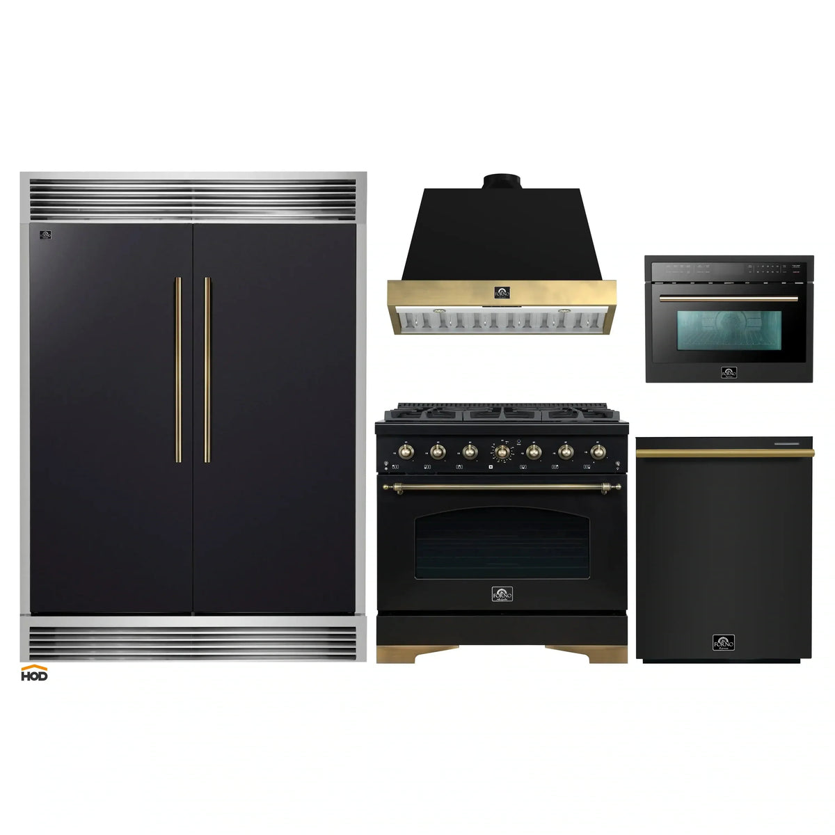 Forno 5-Piece Appliance Package - 36-Inch Gas Range, Wall Mount Range Hood, 60-Inch Convertible Refrigerator with Modern Grille Trim, Dishwasher, and 24-Inch Microwave Oven in Black with Antique Brass Trim