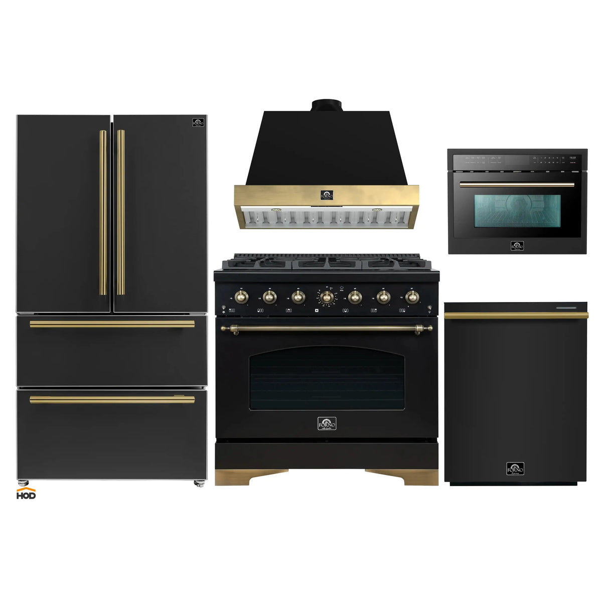 Forno Antico 5-Piece Appliance Package - 36-Inch Gas Range, 36-Inch Hood, 36-Inch Refrigerator, 24-Inch Dishwasher, & 24-Inch Microwave Oven in Black with Antique Brass Trim