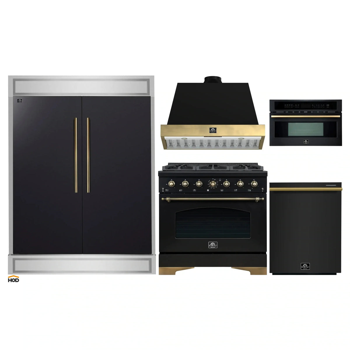 Forno 5-Piece Appliance Package - 36-Inch Gas Range, Wall Mount Range Hood, 60-Inch Convertible Refrigerator with Modern Trim, Dishwasher, and 30-Inch Microwave Oven in Black with Antique Brass Trim