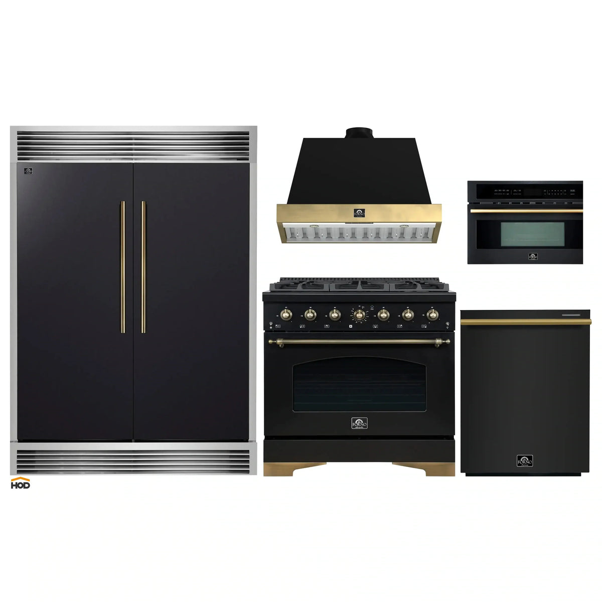 Forno 5-Piece Appliance Package - 36-Inch Gas Range, Wall Mount Range Hood, 60-Inch Convertible Refrigerator with Modern Grille Trim, Dishwasher, and 30-Inch Microwave Oven in Black with Antique Brass Trim