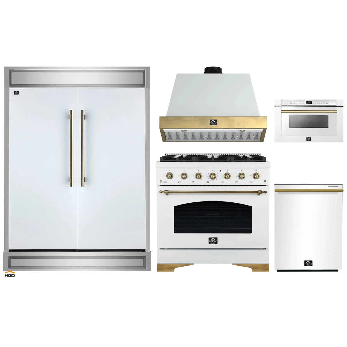 Forno 5-Piece Appliance Package - 36-Inch Gas Range, Wall Mount Range Hood, 60-Inch Refrigerator, Dishwasher, & 24-Inch Microwave Drawer in White with Antique Brass Trim