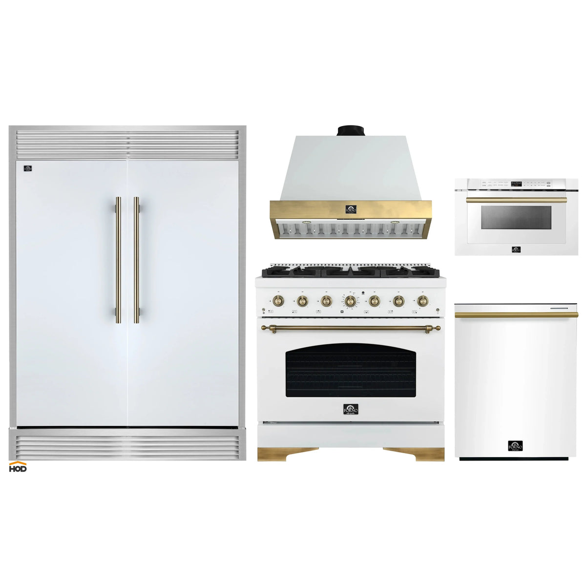 Forno 5-Piece Appliance Package - 36-Inch Antico Gas Range, Wall Mount Range Hood, 60-Inch Refrigerator, Dishwasher, & 24-Inch Microwave Drawer in White with Antique Brass Trim
