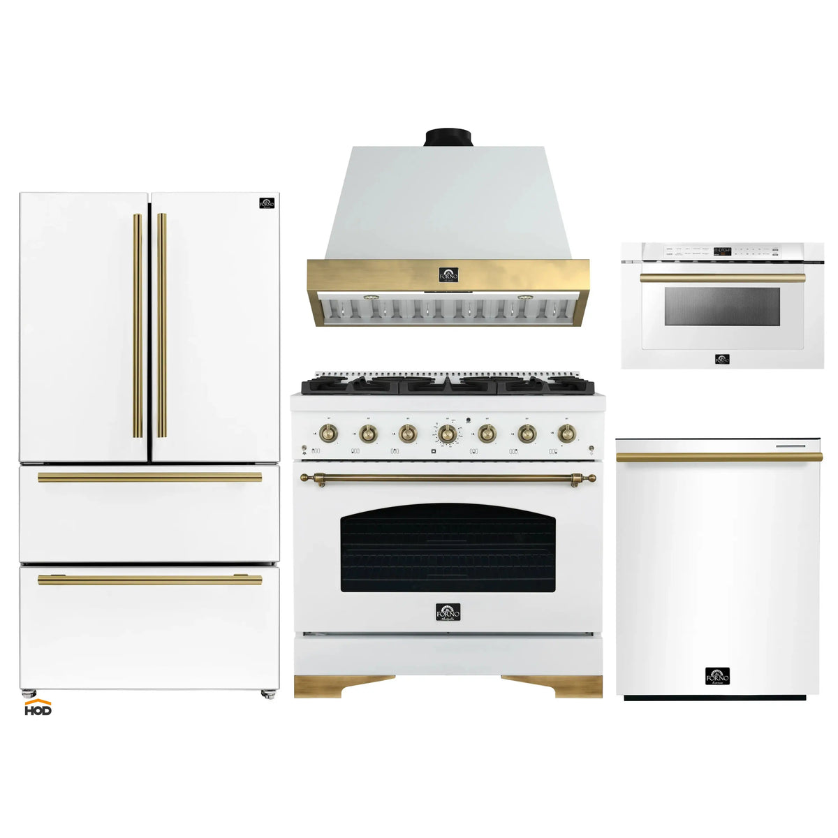 Forno Antico 5-Piece Appliance Package - 36-Inch Gas Range, 36-Inch Hood, 36-Inch Refrigerator, 24-Inch Dishwasher, & 24-Inch Microwave Drawer in White with Antique Brass Trim