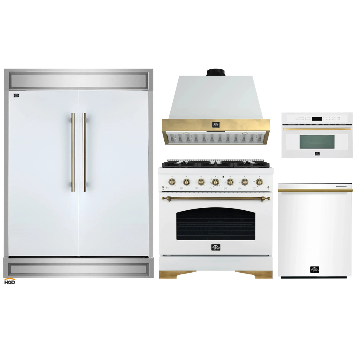 Forno 5-Piece Appliance Package - 36-Inch Antico Gas Range, Wall Mount Range Hood, 60-Inch Refrigerator, Dishwasher, & 30-Inch Microwave Oven in White with Antique Brass Trim
