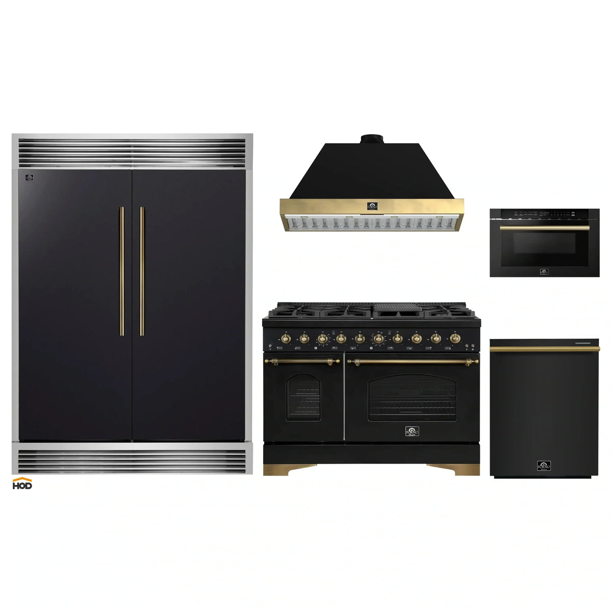 Forno 5-Piece Appliance Package - 48-Inch Gas Range, 60-Inch Convertible Refrigerator with Modern Grille Trim, Dishwasher, and 24-Inch Microwave Drawer in Black with Antique Brass Trim