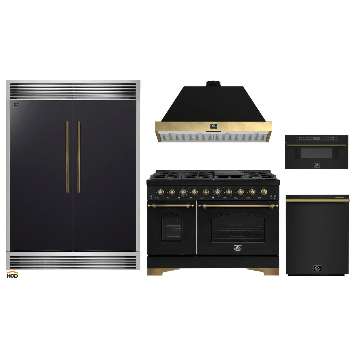 Forno 5-Piece Appliance Package - 48-Inch Gas Range, 60-Inch Convertible Refrigerator with Modern Grille Trim, Dishwasher, and 30-Inch Microwave Drawer in Black with Antique Brass Trim