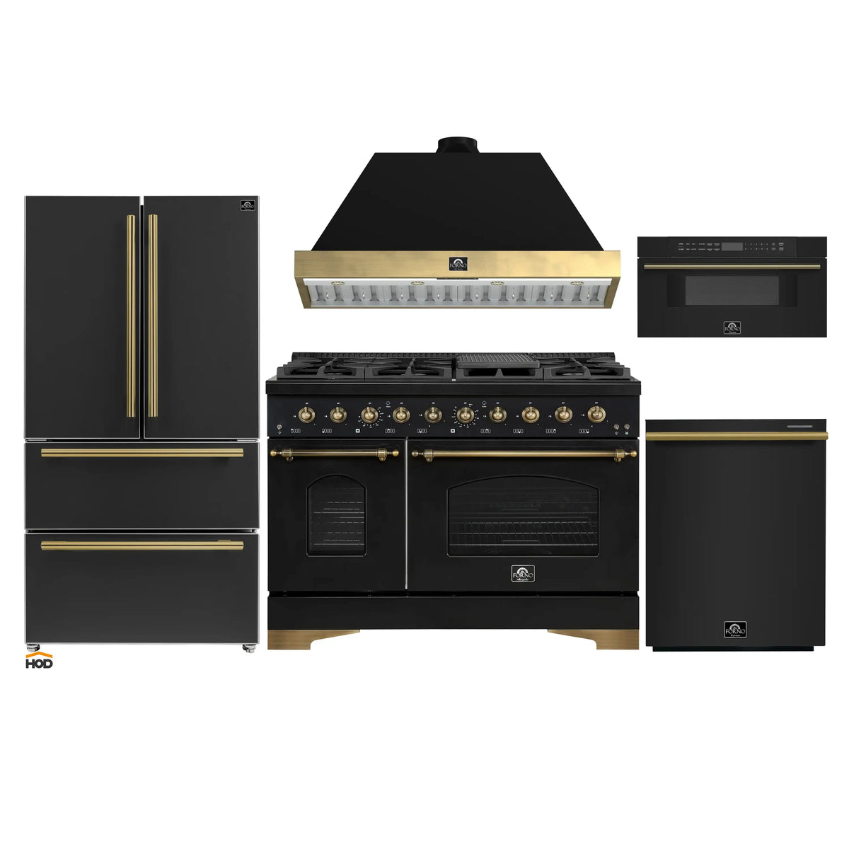 Forno Antico 5-Piece Appliance Package - 48-Inch Gas Range, 48-Inch Hood, 36-Inch Refrigerator, 24-Inch Dishwasher, & 30-Inch Microwave Drawer in Black with Antique Brass Trim
