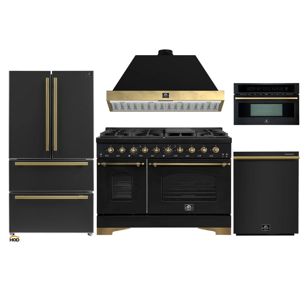 Forno Antico 5-Piece Appliance Package - 48-Inch Gas Range, 48-Inch Hood, 36-Inch Refrigerator, 24-Inch Dishwasher, & 30-Inch Microwave Oven in Black with Antique Brass Trim