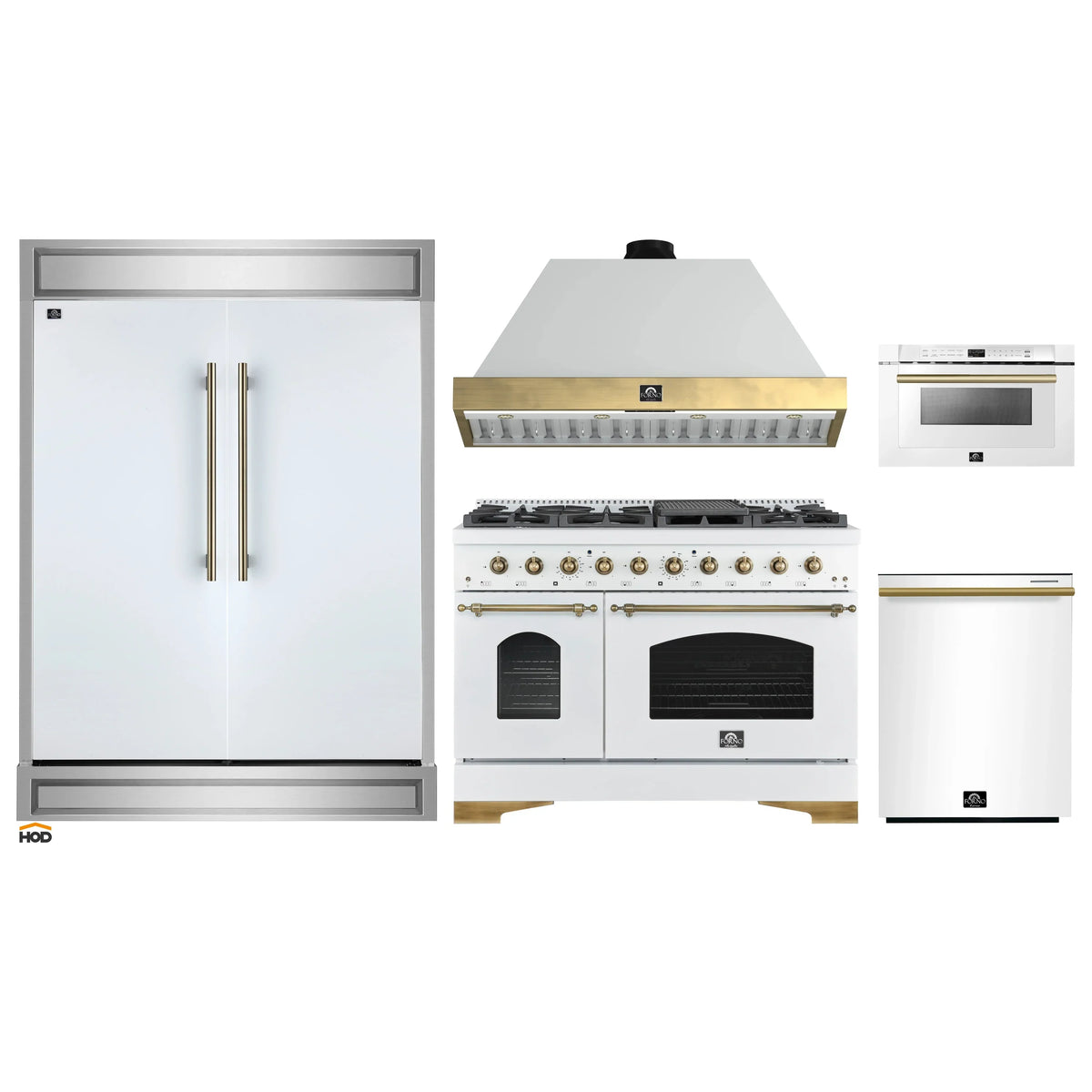 Forno 5-Piece Appliance Package - 48-Inch Gas Range, Wall Mount Range Hood, 60-Inch Refrigerator, Dishwasher, & 24-Inch Microwave Drawer in White with Antique Brass Trim