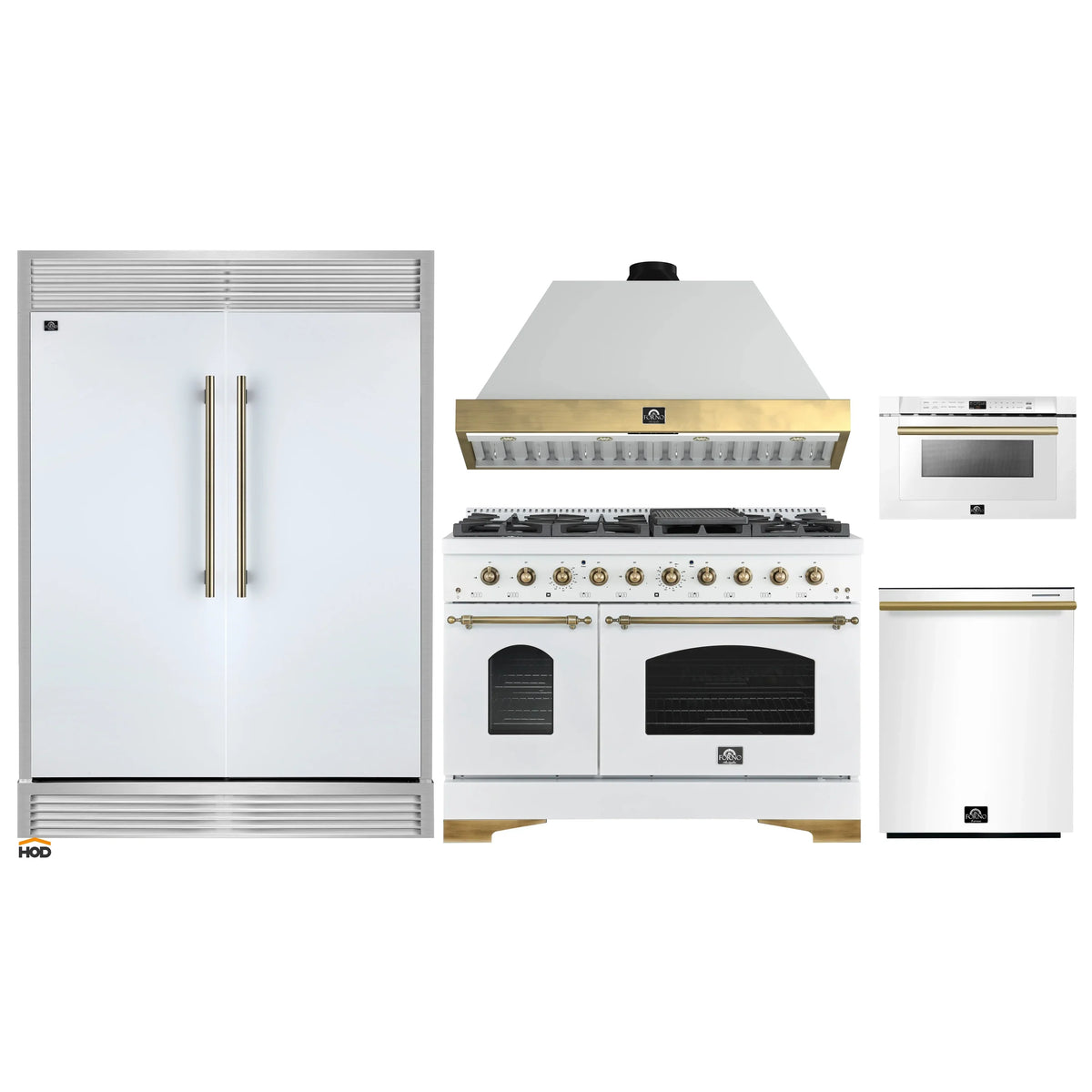 Forno 5-Piece Appliance Package - 48-Inch Antico Gas Range, Wall Mount Range Hood, 60-Inch Refrigerator, Dishwasher, & 24-Inch Microwave Drawer in White with Antique Brass Trim