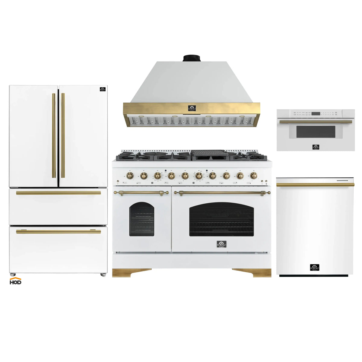 Forno Antico 5-Piece Appliance Package - 48-Inch Gas Range, 48-Inch Hood, 36-Inch Refrigerator, 24-Inch Dishwasher, & 30-Inch Microwave Drawer in White with Antique Brass Trim