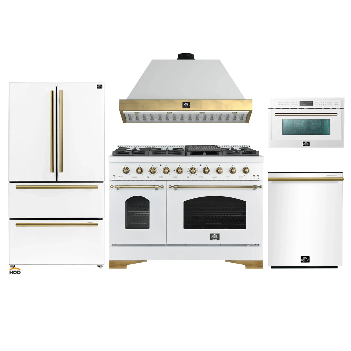 Forno Antico 5-Piece Appliance Package - 48-Inch Gas Range, 48-Inch Hood, 36-Inch Refrigerator, 24-Inch Dishwasher, & 30-Inch Microwave Oven in White with Antique Brass Trim