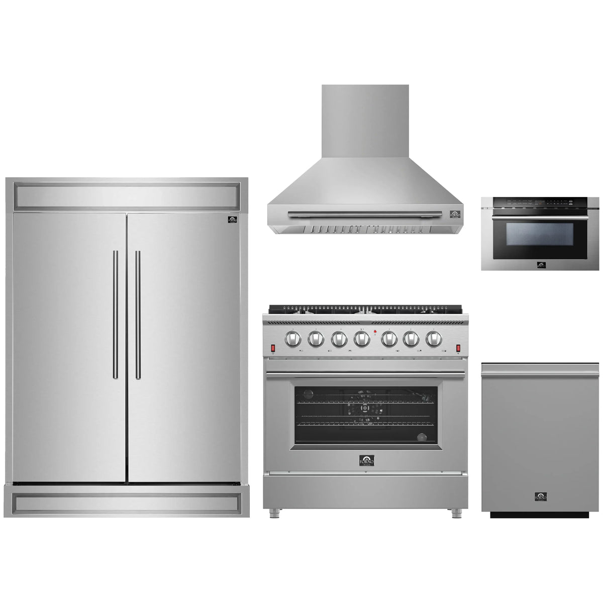 Forno 5-Piece Appliance Package - 36-Inch Gas Range, Wall Mount Range Hood, 60-Inch Refrigerator, Dishwasher, and 24-Inch Microwave Drawer in Stainless Steel