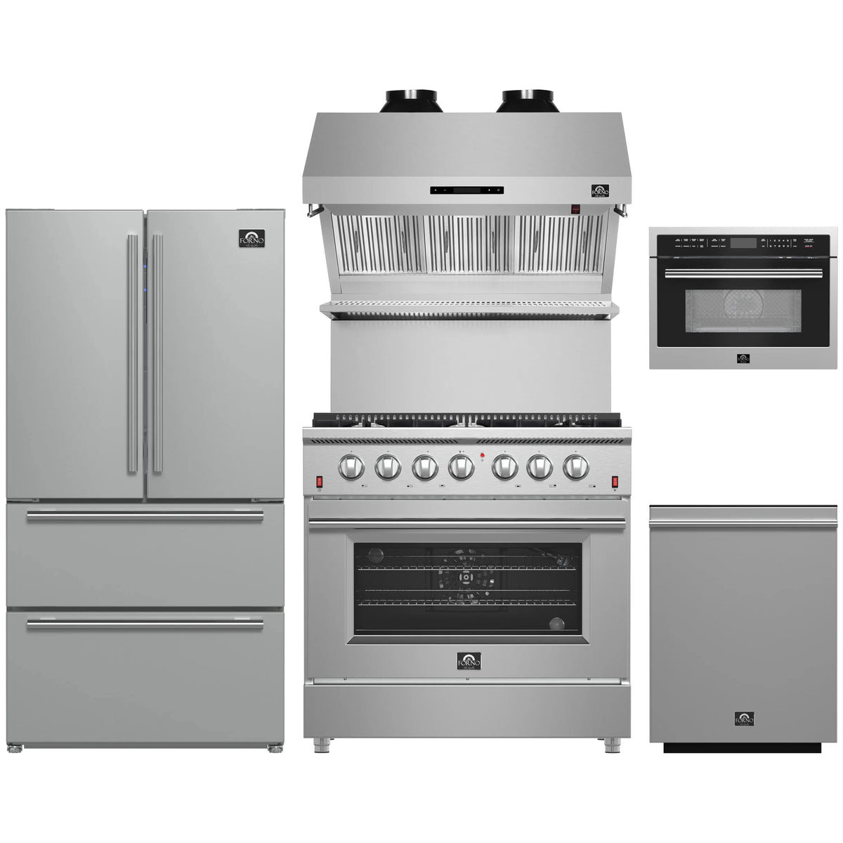 Forno 5-Piece Appliance Package - 36-Inch Gas Range, Refrigerator, Wall Mount Hood with Backsplash, 24-Inch Microwave Oven, & 3-Rack Dishwasher in Stainless Steel