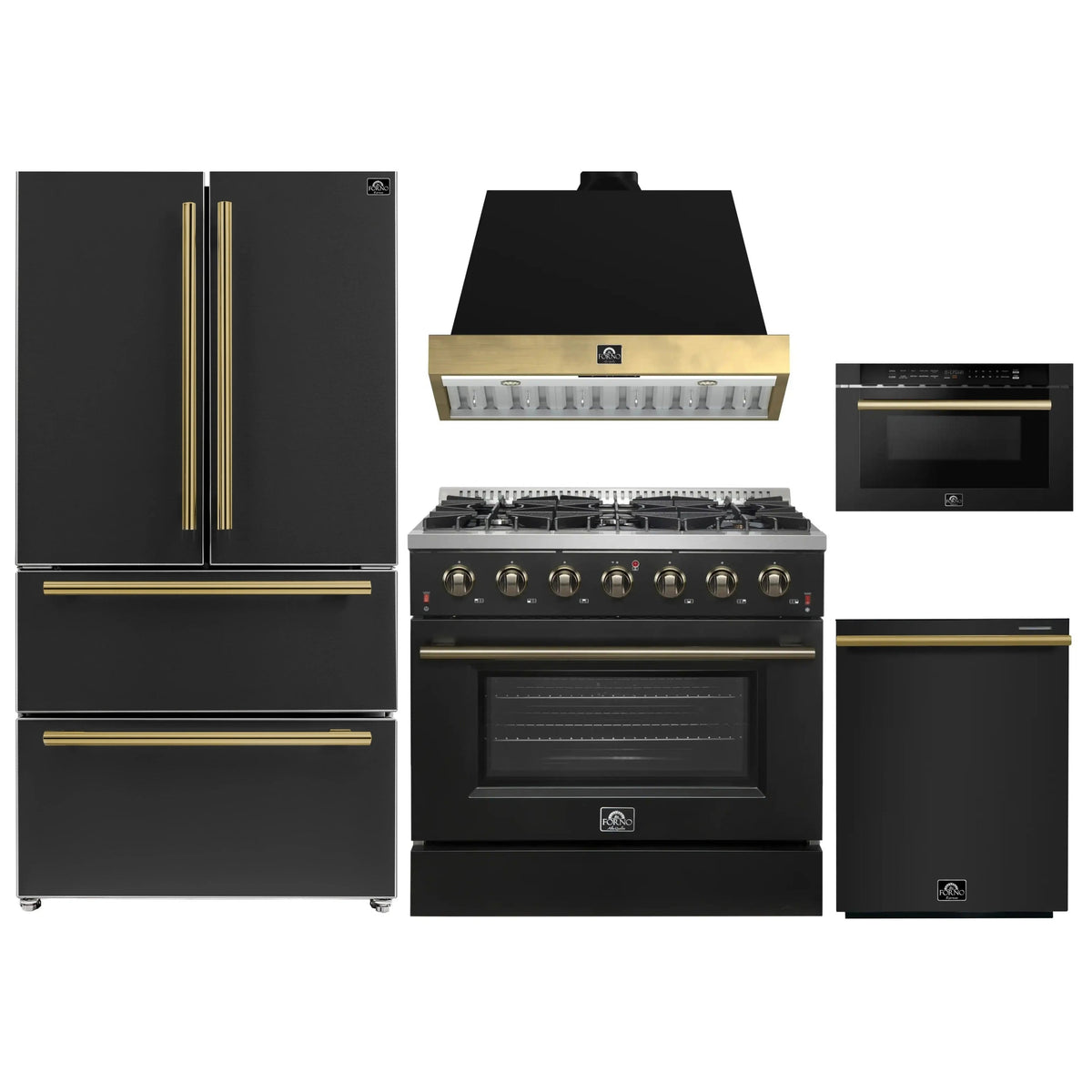 Forno Galiano 5-Piece Appliance Package - 36-Inch Gas Range, 36-Inch Hood, 36-Inch Refrigerator, 24-Inch Dishwasher, & 24-Inch Microwave Drawer in Black with Antique Brass Trim