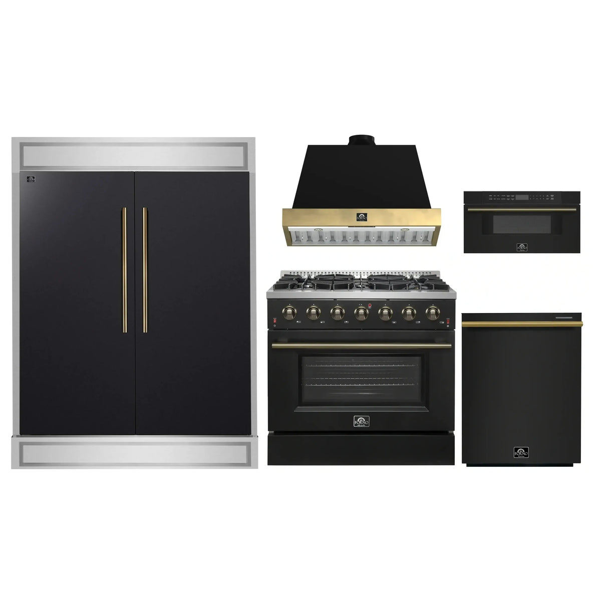 Forno 5-Piece Appliance Package - 36-Inch Gas Range, Wall Mount Range Hood, 60-Inch Convertible Refrigerator with Modern Trim, Dishwasher, and 30-Inch Microwave Drawer in Black with Antique Brass Trim