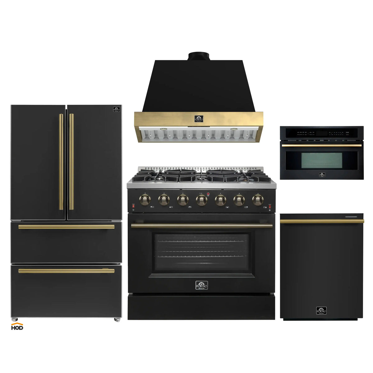 Forno Galiano 5-Piece Appliance Package - 36-Inch Gas Range, 36-Inch Hood, 36-Inch Refrigerator, 24-Inch Dishwasher, & 30-Inch Microwave Oven in Black with Antique Brass Trim