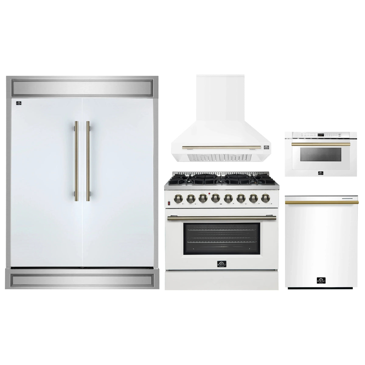 Forno 5-Piece Appliance Package - 36-Inch Gas Range, Wall Mount Range Hood, 60-Inch Refrigerator, Dishwasher, and 24-Inch Microwave Drawer in White with Antique Brass Trim