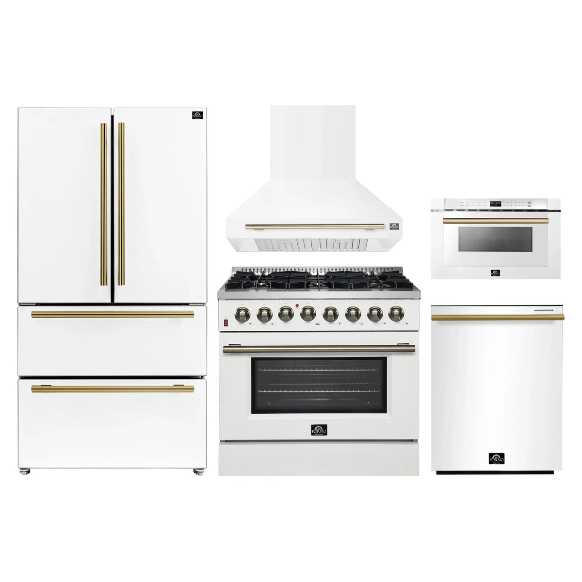 Forno 5-Piece Appliance Package - 36-Inch Gas Range, Wall Mount Range Hood, 36-Inch Refrigerator, Dishwasher, and 24-Inch Microwave Drawer in White with Antique Brass Trim