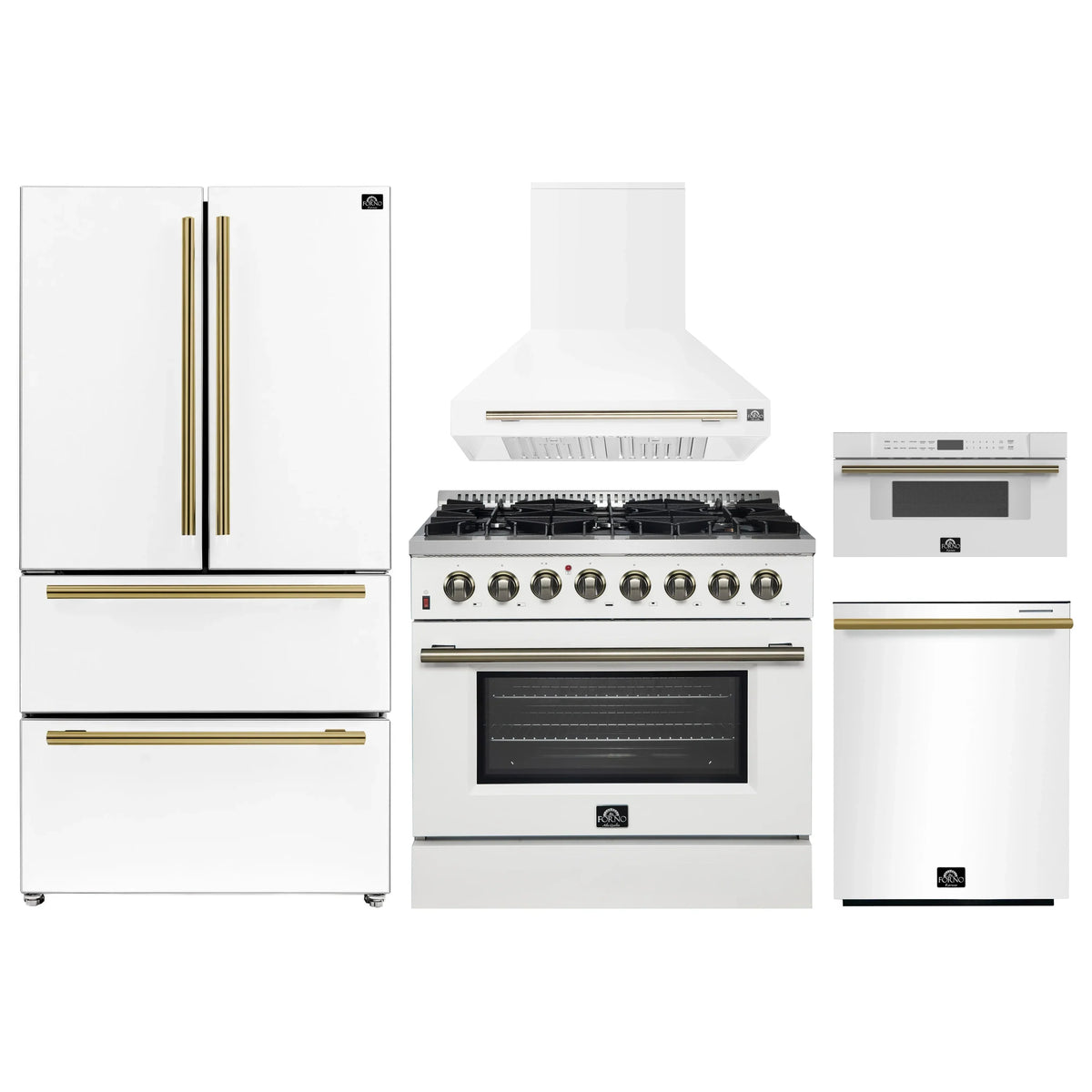 Forno 5-Piece Appliance Package - 36-Inch Gas Range, Wall Mount Range Hood, 36-Inch Refrigerator, Dishwasher, and 30-Inch Microwave Drawer in White with Antique Brass Trim