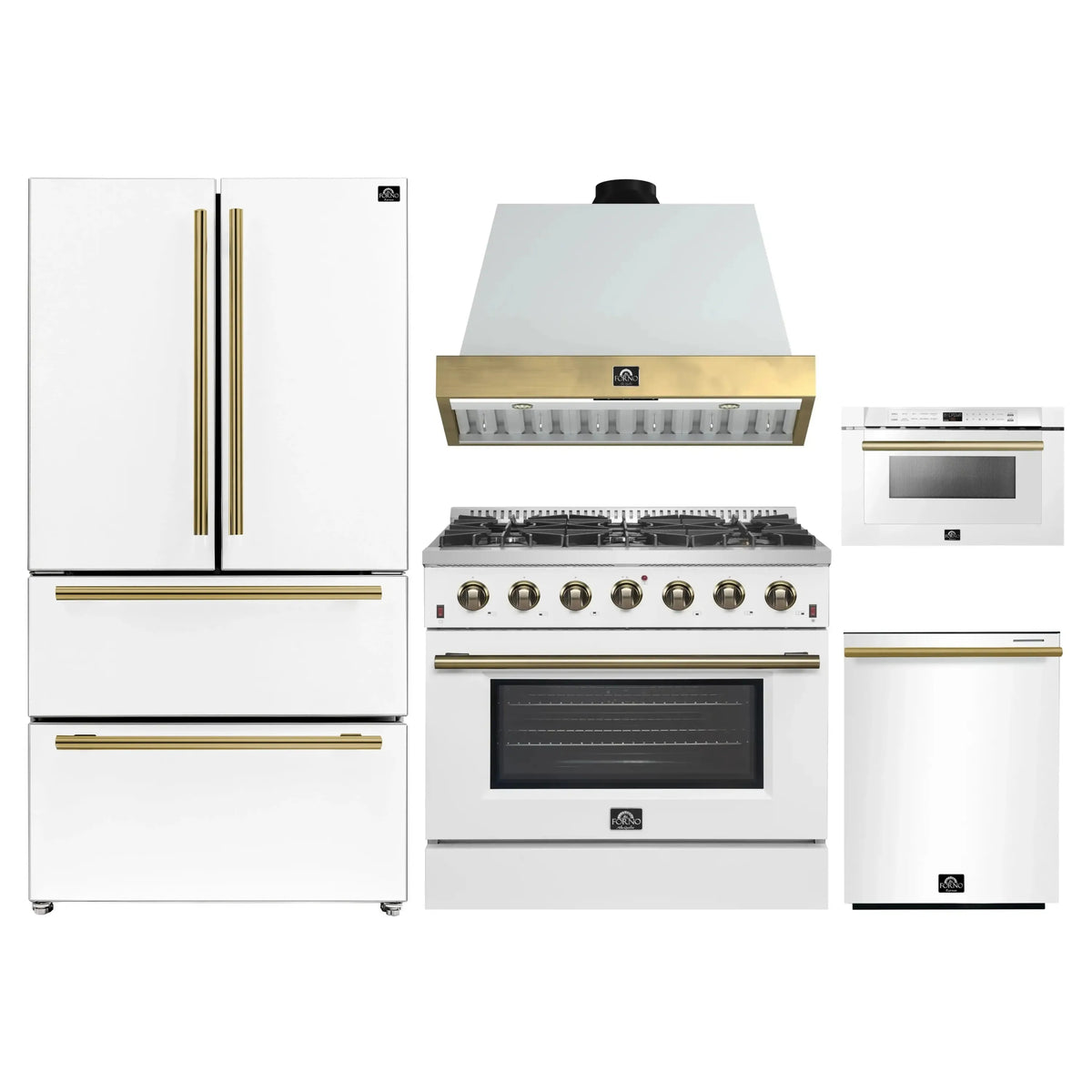 Forno Galiano 5-Piece Appliance Package - 36-Inch Gas Range, 36-Inch Hood, 36-Inch Refrigerator, 24-Inch Dishwasher, & 24-Inch Microwave Drawer in White with Antique Brass Trim