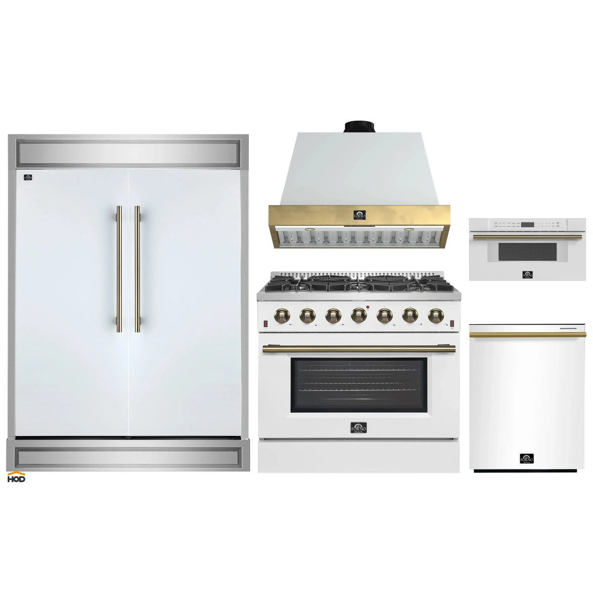 Forno 5-Piece Appliance Package - 36-Inch Gas Range, Wall Mount Range Hood, 60-Inch Refrigerator, Dishwasher, & 30-Inch Microwave Drawer in White with Antique Brass Trim