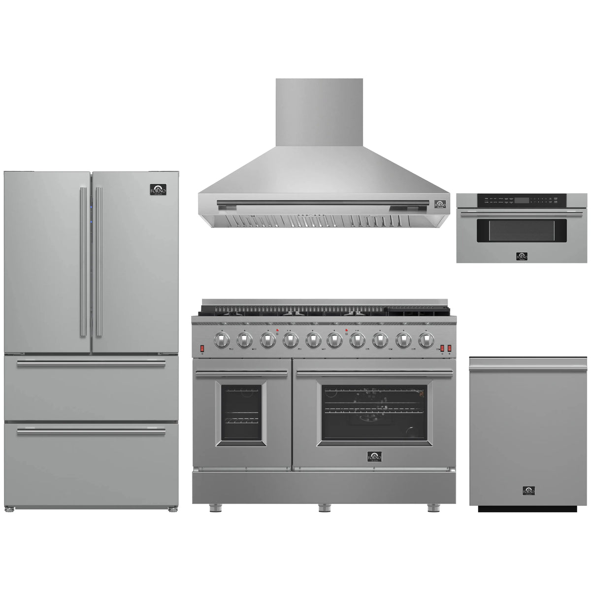 Forno 5-Piece Appliance Package - 48-Inch Gas Range, Wall Mount Range Hood, 36-Inch Refrigerator, Dishwasher, and 30-Inch Microwave Drawer in Stainless Steel