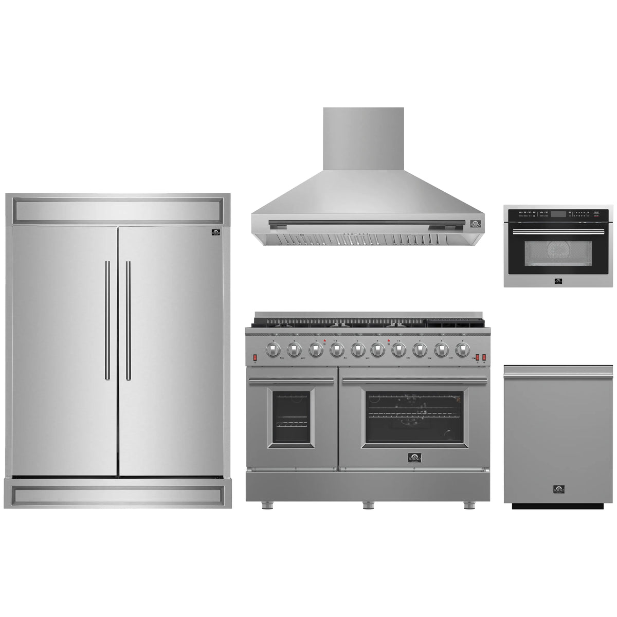 Forno 5-Piece Appliance Package - 48-Inch Gas Range, Wall Mount Range Hood, 60-Inch Refrigerator, Dishwasher, and 24-Inch Microwave Oven in Stainless Steel