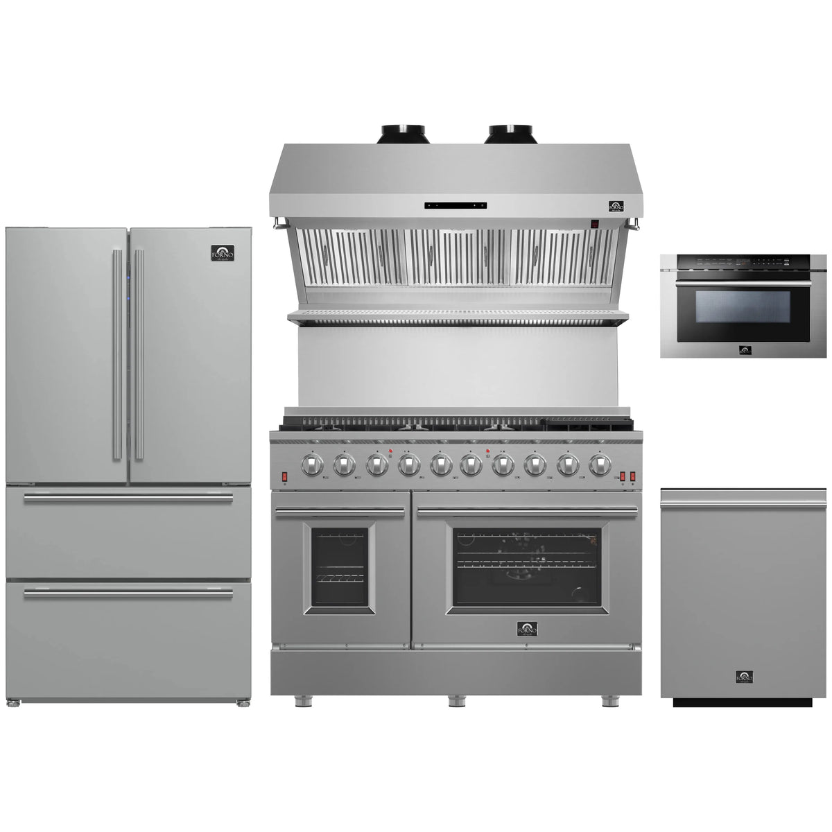 Forno 5-Piece - 48-Inch Gas Range, Refrigerator, Wall Mount Hood with Backsplash, 24-Inch Microwave Drawer, & 3-Rack Dishwasher in Stainless Steel