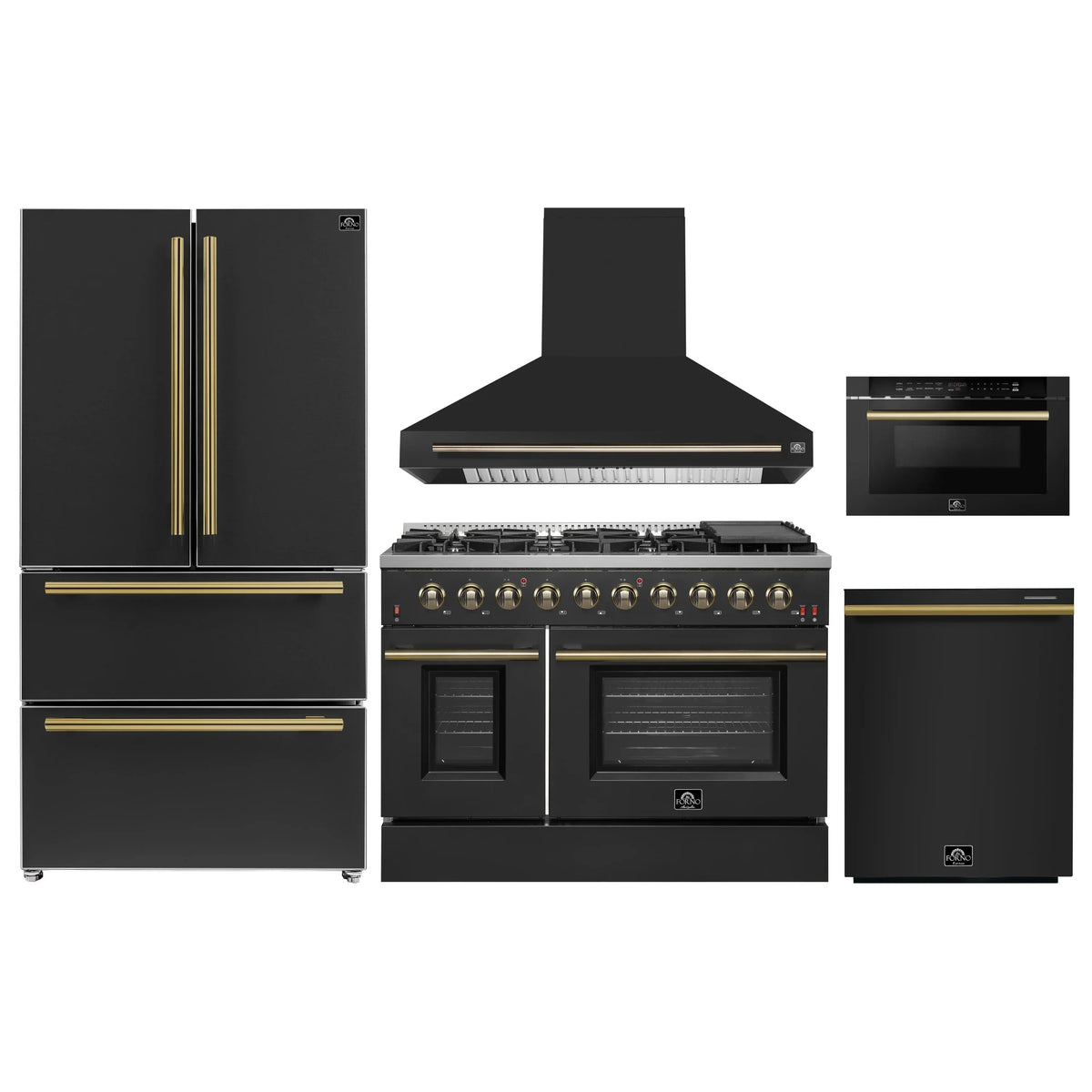 Forno 5-Piece Appliance Package - 48-Inch Gas Range, Wall Mount Range Hood, 36-Inch Refrigerator, Dishwasher, and 24-Inch Microwave Drawer in Black with Antique Brass Trim