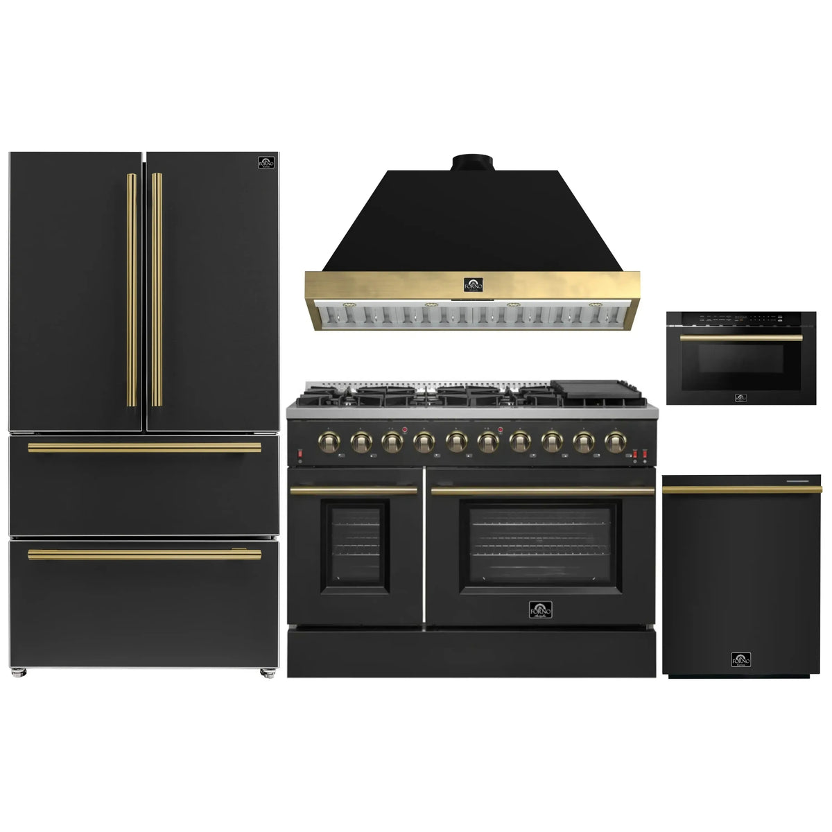 Forno Galiano 5-Piece Appliance Package - 48-Inch Gas Range, 48-Inch Hood, 36-Inch Refrigerator, 24-Inch Dishwasher, & 24-Inch Microwave Drawer in Black with Antique Brass Trim