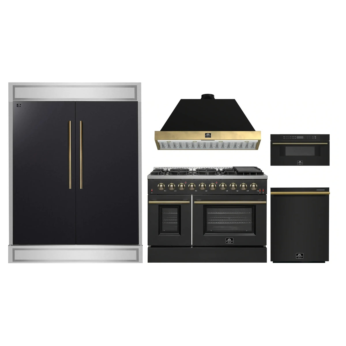 Forno 5-Piece Appliance Package - 48-Inch Gas Range, 60-Inch Convertible Refrigerator with Modern Trim, Dishwasher, and 30-Inch Microwave Drawer in Black with Antique Brass Trim