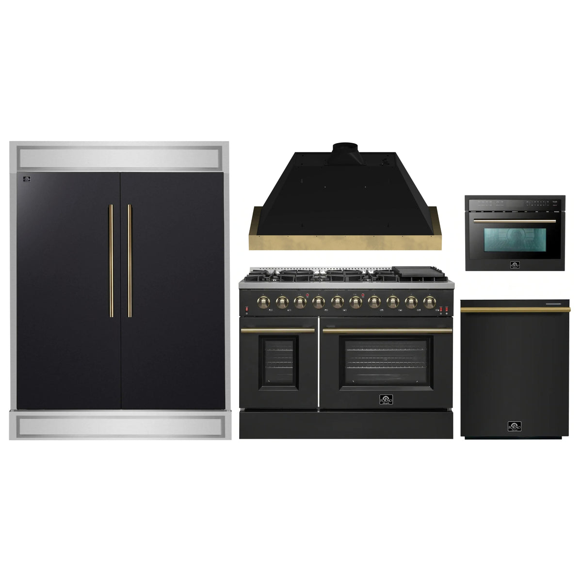 Forno 5-Piece Appliance Package - 48-Inch Gas Range, 60-Inch Convertible Refrigerator with Modern Trim, Dishwasher, and 24-Inch Microwave Oven in Black with Antique Brass Trim