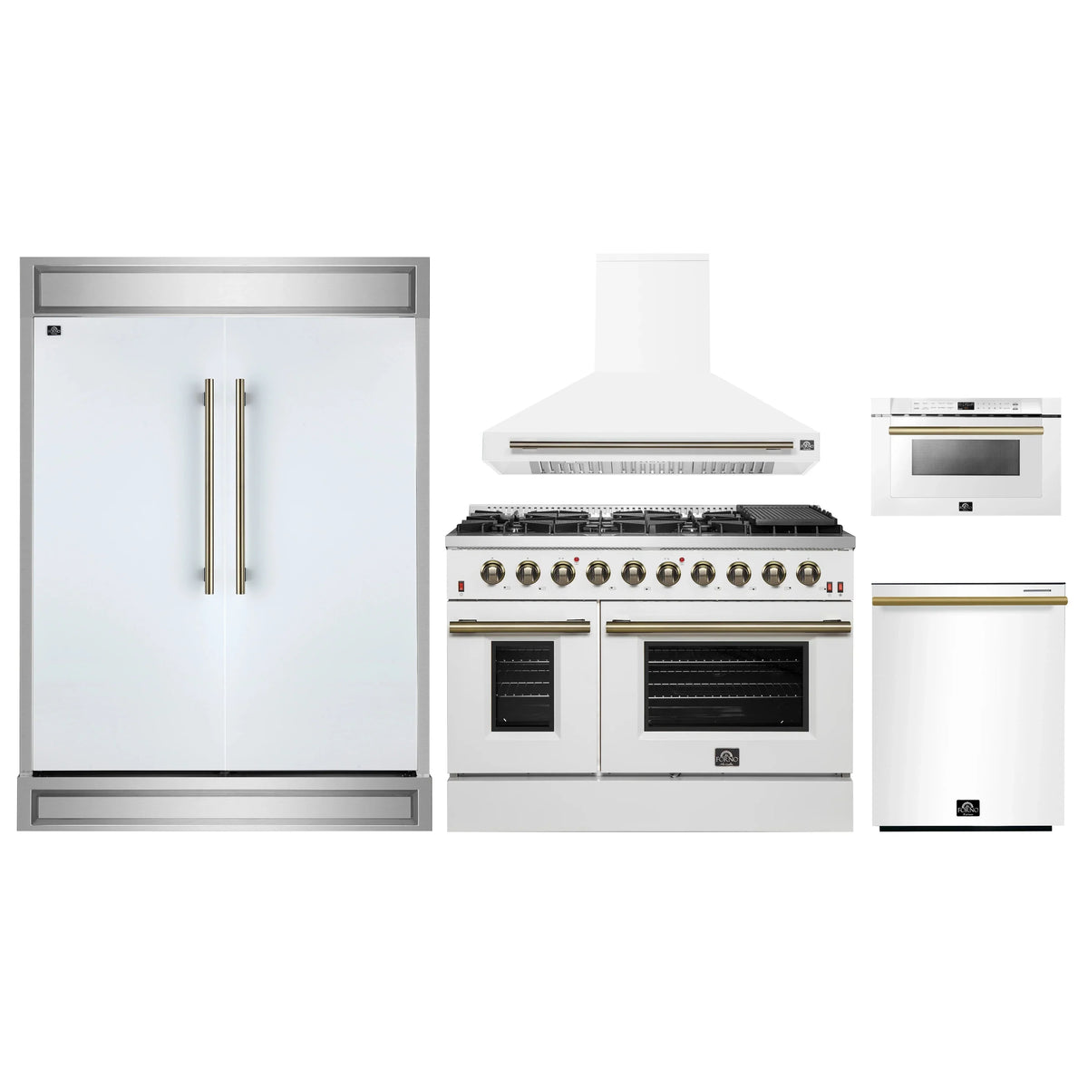 Forno 5-Piece Appliance Package - 48-Inch Gas Range, Wall Mount Range Hood, 60-Inch Refrigerator, Dishwasher, and 24-Inch Microwave Drawer in White with Antique Brass Trim
