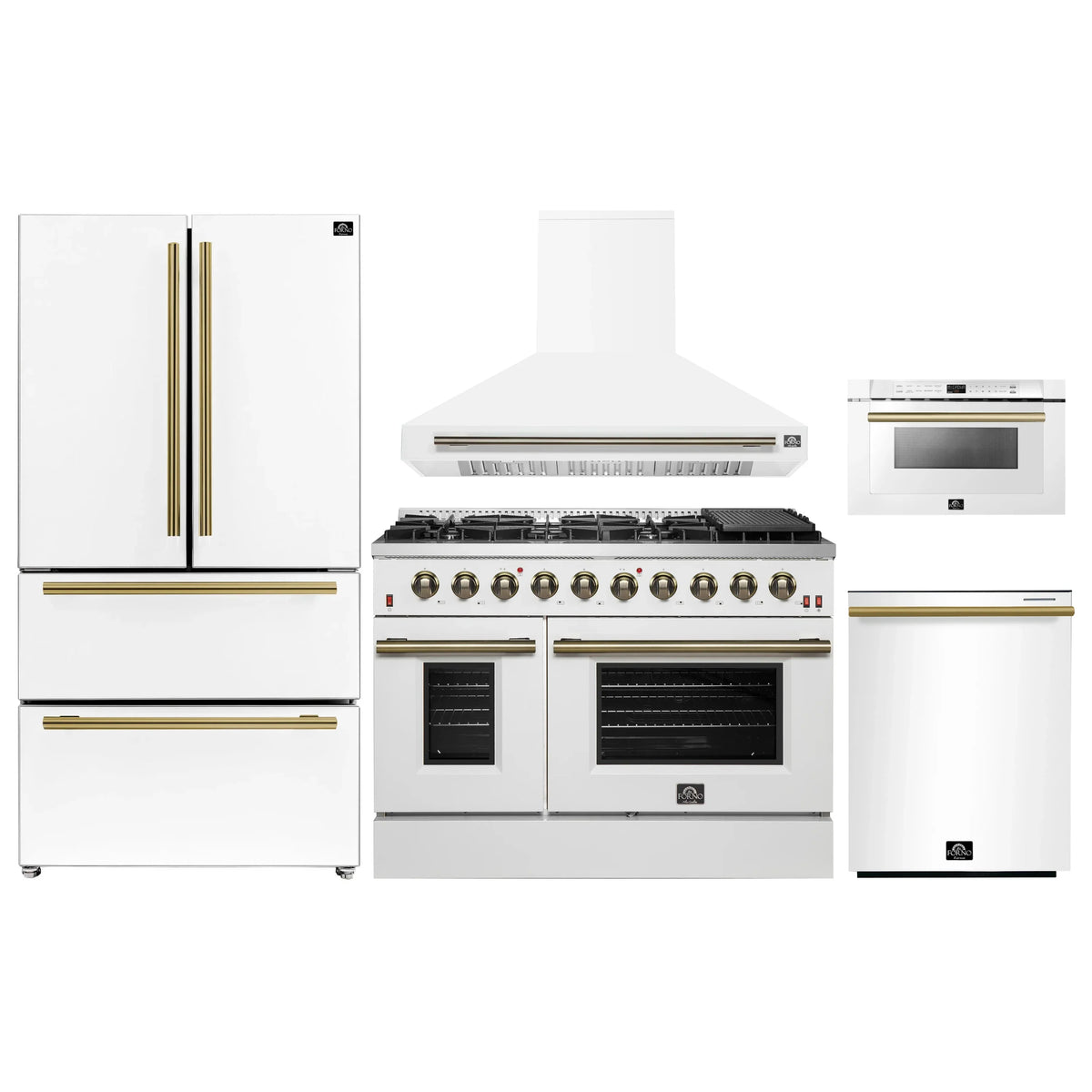 Forno 5-Piece Appliance Package - 48-Inch Gas Range, Wall Mount Range Hood, 36-Inch Refrigerator, Dishwasher, and 24-Inch Microwave Drawer in White with Antique Brass Trim