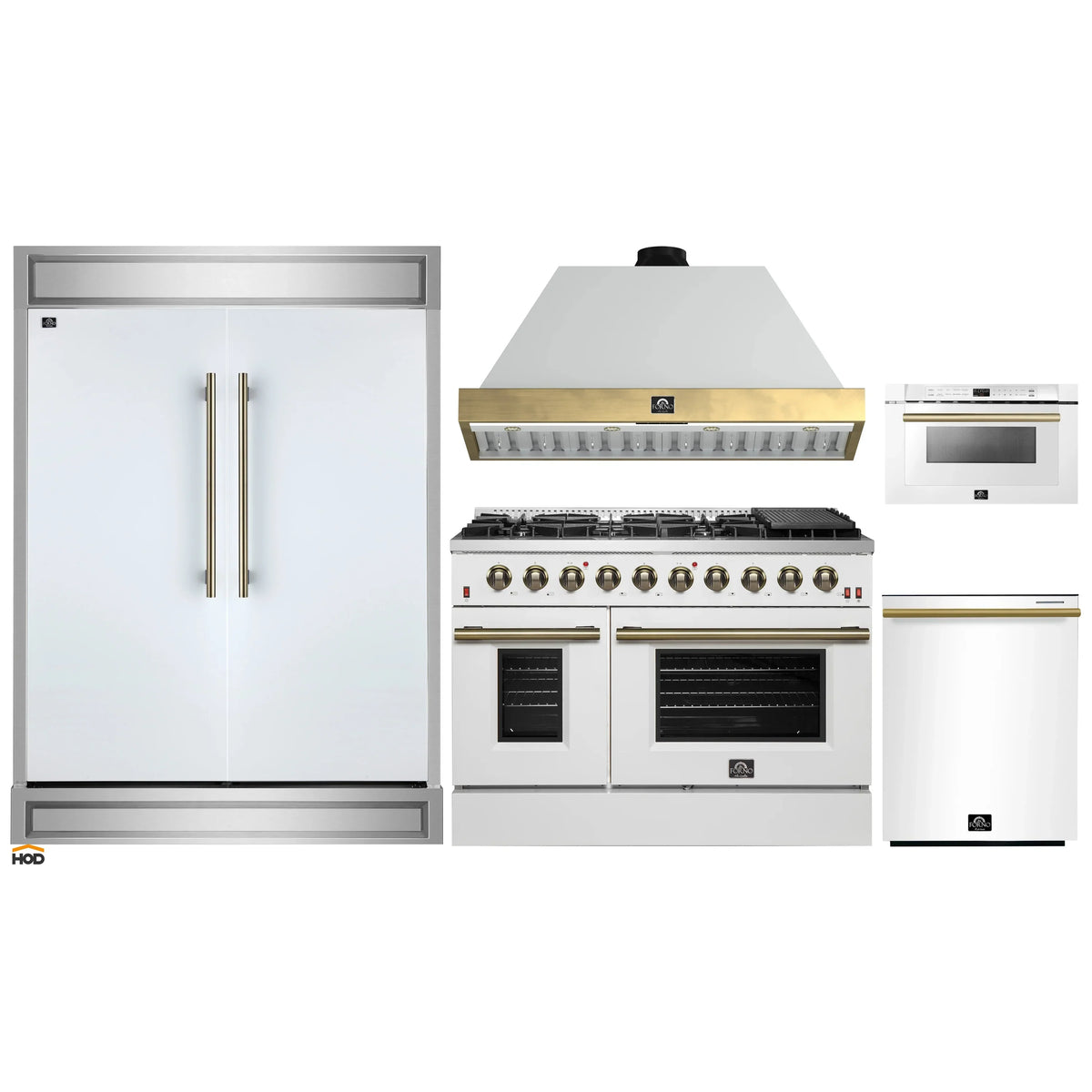 Forno 5-Piece Appliance Package - 48-Inch Gas Range, Wall Mount Range Hood, 60-Inch Refrigerator, Dishwasher, & 24-Inch Microwave Drawer in White with Antique Brass Trim