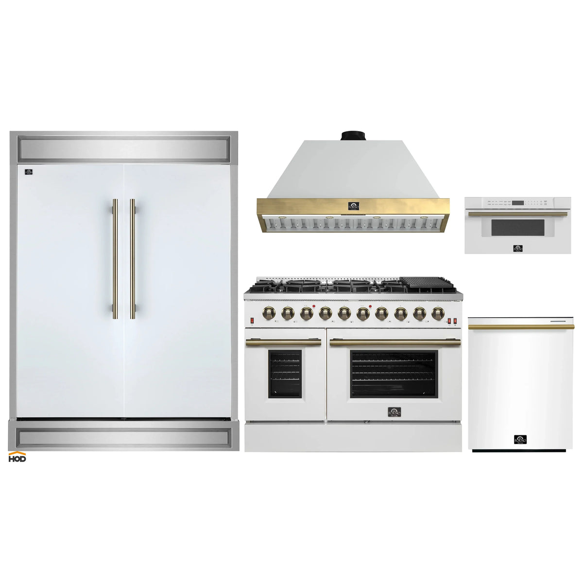 Forno 5-Piece Appliance Package - 48-Inch Gas Range, Wall Mount Range Hood, 60-Inch Refrigerator, Dishwasher, & 30-Inch Microwave Drawer in White with Antique Brass Trim