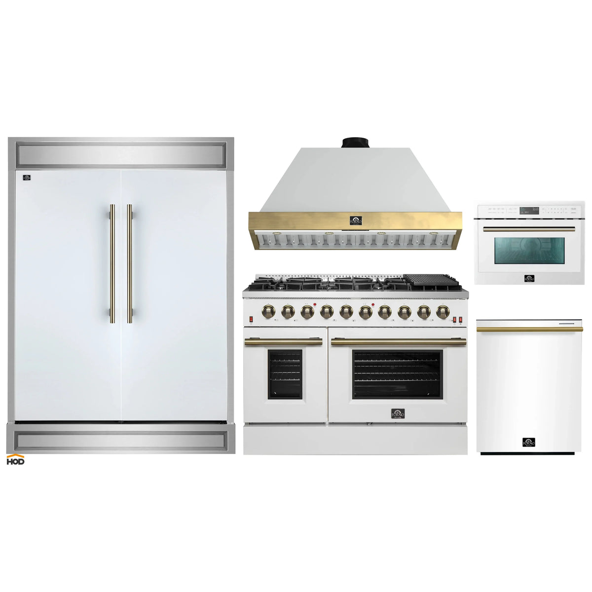 Forno 5-Piece Appliance Package - 48-Inch Gas Range, Wall Mount Range Hood, 60-Inch Refrigerator, Dishwasher, & 24-Inch Microwave Oven in White with Antique Brass Trim