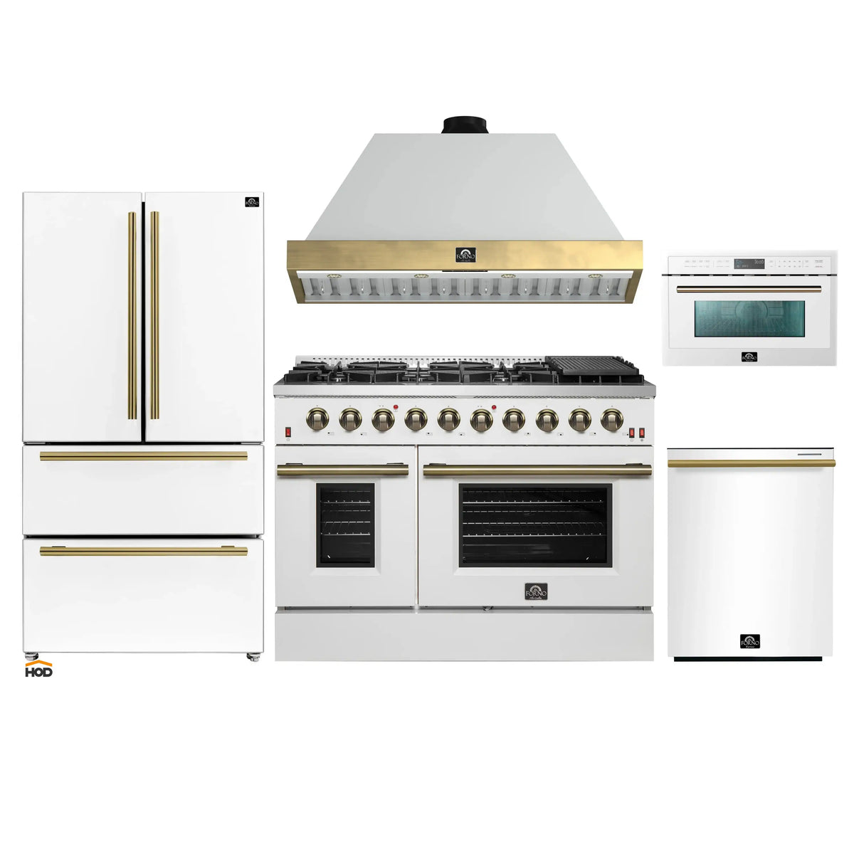 Forno Galiano 5-Piece Appliance Package - 48-Inch Gas Range, 48-Inch Hood, 36-Inch Refrigerator, 24-Inch Dishwasher, & 30-Inch Microwave Oven in White with Antique Brass Trim