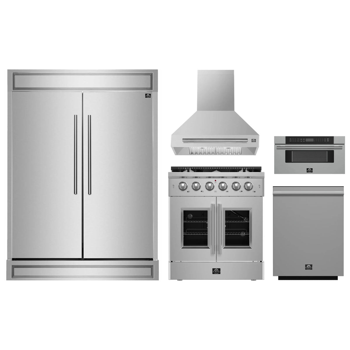 Forno 5-Piece Appliance Package - 30-inch Gas Range, Hood, Refrigerator, Dishwasher and 30-Inch Microwave Drawer in Stainless Steel