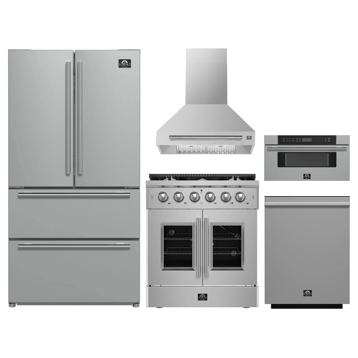 Forno 5-Piece Appliance Package - 30-inch Gas Range, Hood, Refrigerator, Dishwasher and 30-Inch Microwave Drawer in Stainless Steel