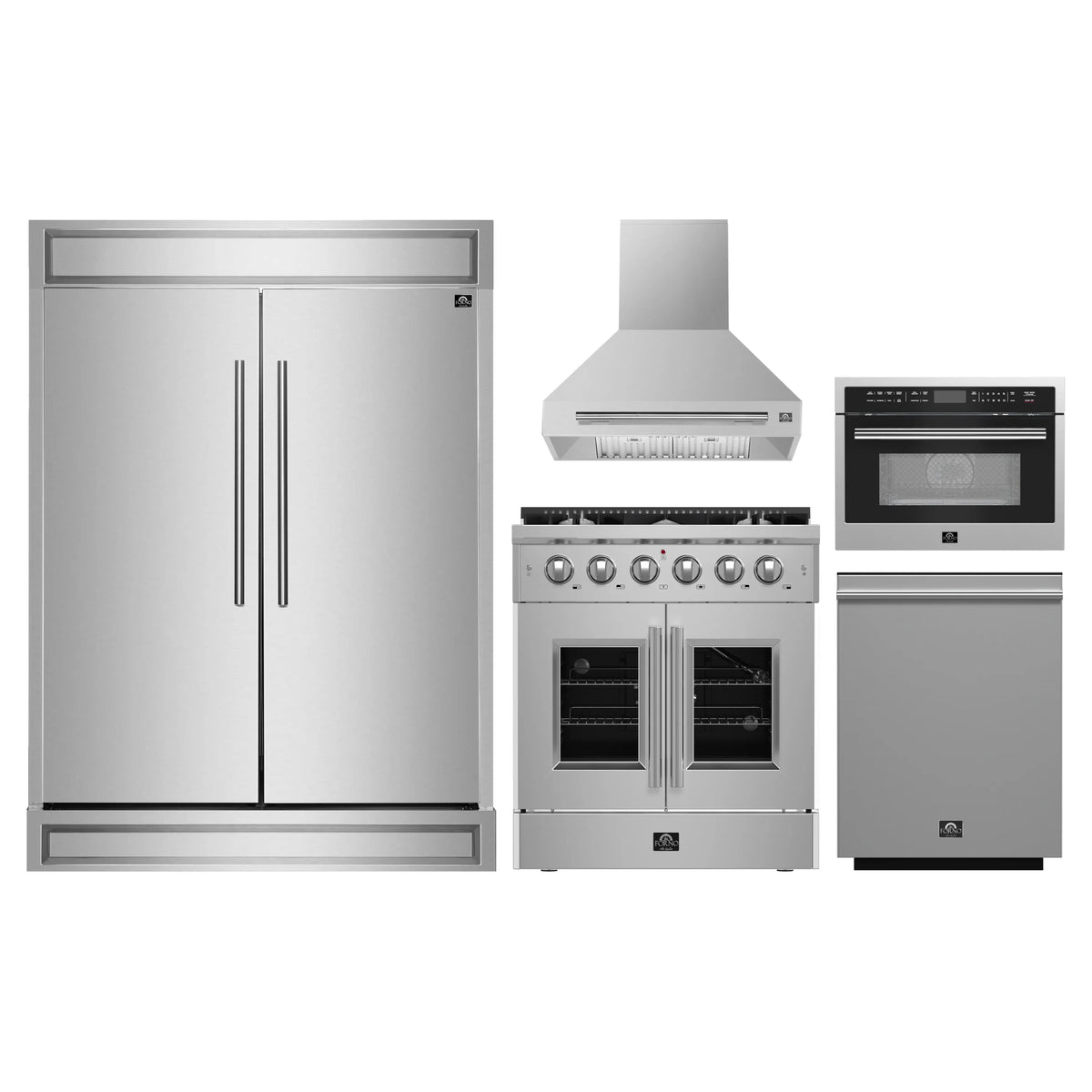 Forno 5-Piece Appliance Package - 30-inch Gas Range, Hood, Refrigerator, Dishwasher and 24-Inch Microwave Oven in Stainless Steel