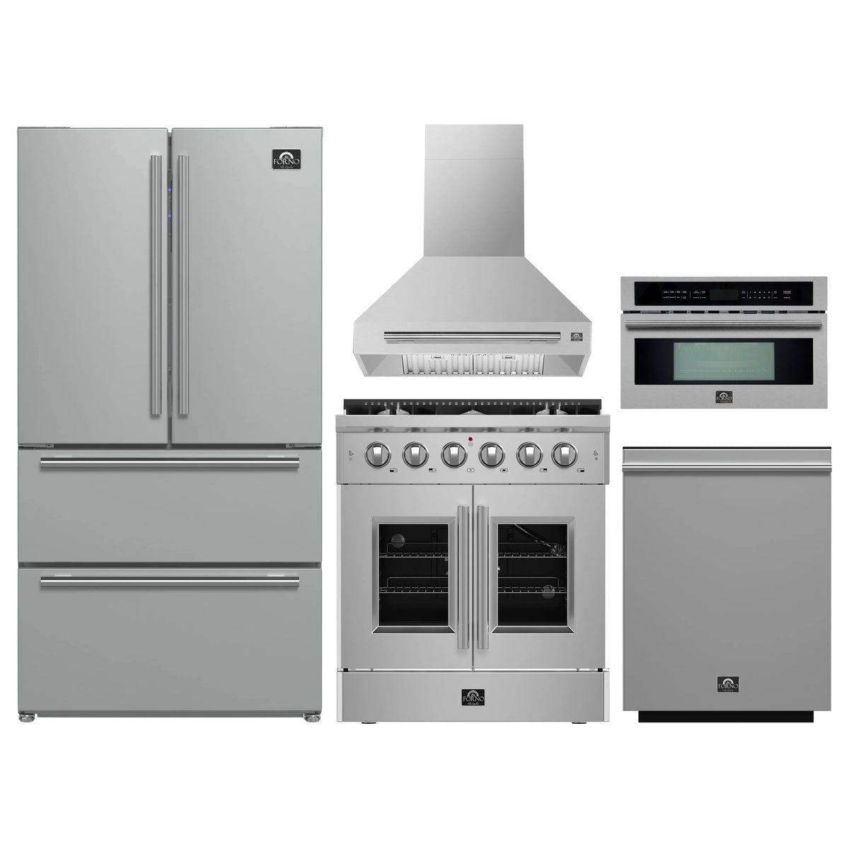 Forno 5-Piece Appliance Package - 30-inch Gas Range, Hood, Refrigerator, Dishwasher and 30-Inch Microwave Oven in Stainless Steel