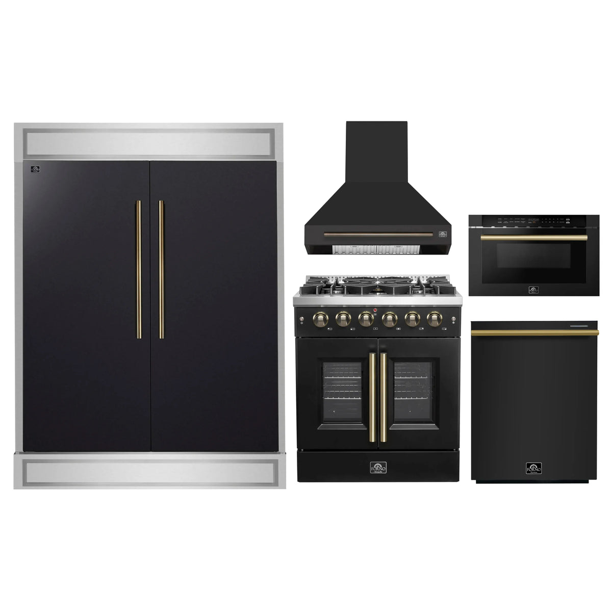 Forno 5-Piece Appliance Package - 30-inch Gas Range, Hood, Refrigerator, Dishwasher and 24-Inch Microwave Drawer in Black with Antique Brass Trim
