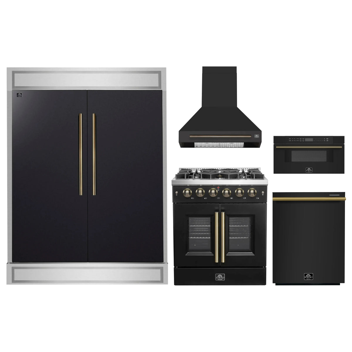 Forno 5-Piece Appliance Package - 30-inch Gas Range, Hood, Refrigerator, Dishwasher and 30-Inch Microwave Drawer in Black with Antique Brass Trim