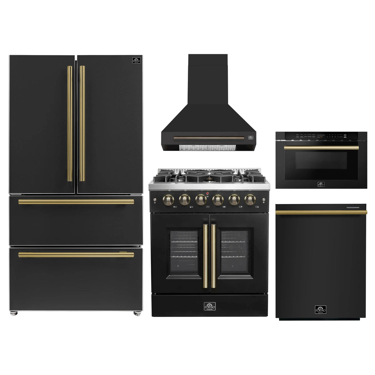 Forno 5-Piece Appliance Package - 30-inch Gas Range, Hood, Refrigerator, Dishwasher and 24-Inch Microwave Drawer in Black with Antique Brass Trim