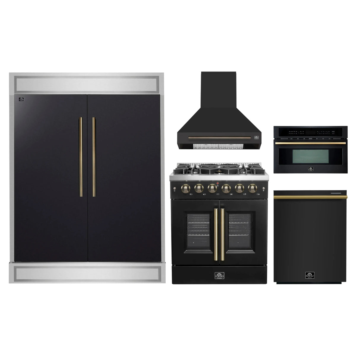 Forno 5-Piece Appliance Package - 30-inch Gas Range, Hood, Refrigerator, Dishwasher and 30-Inch Microwave Oven in Black with Antique Brass Trim